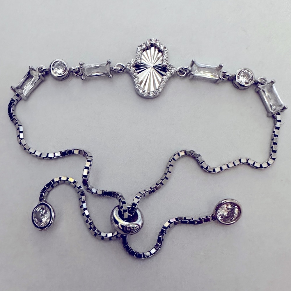 925 silver hand bracelet cz stones slider lock tennis hamsa hand of fatima